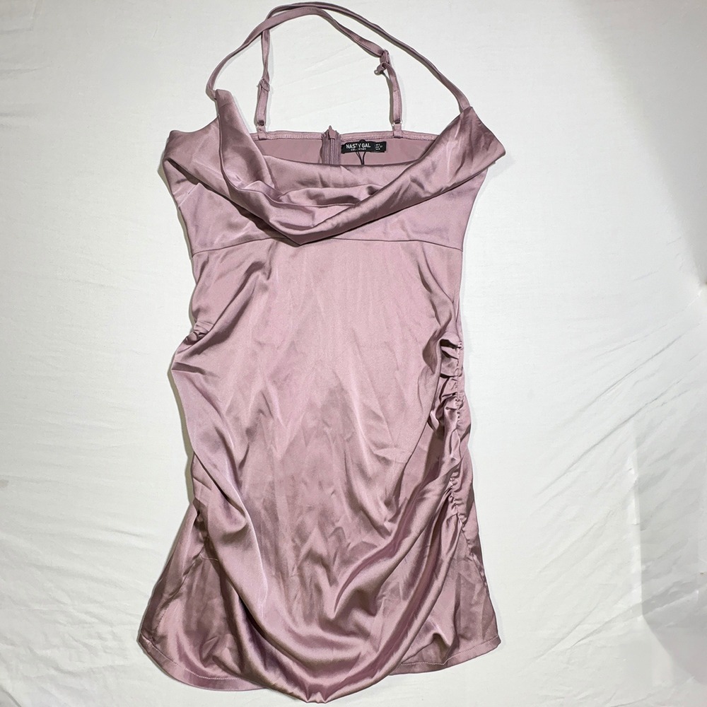 Nasty Gal Collection Pink Satin Cowl Neck Ruched Mini Dress US 0 Party Halter